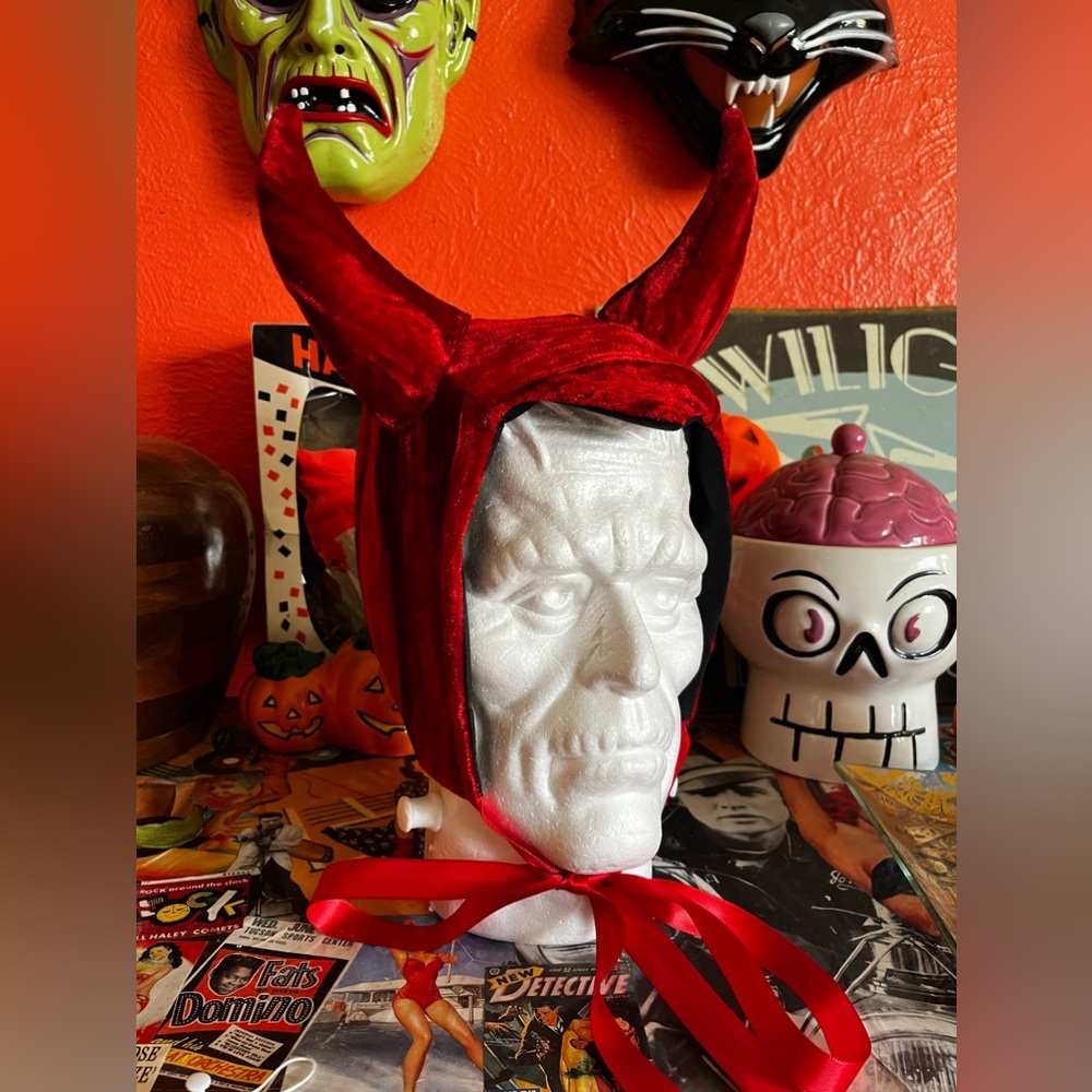 Red Textured Velvet Devil Bonnet Halloween
